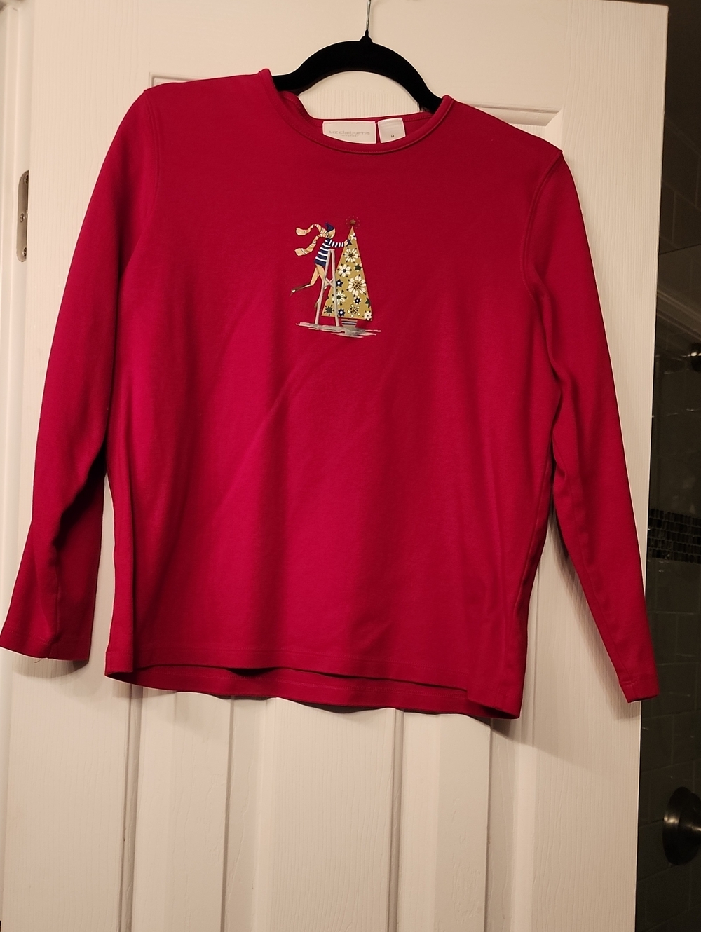Liz Claiborne Women's Red Long-Sleeve Top with Christmas Motif